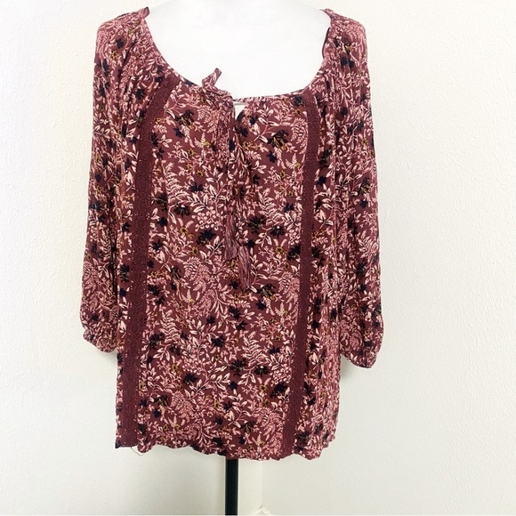 Knox Rose Tops - Knox Rose Peasant Top Balloon Sleeves Burgundy Multi Color Floral Print Large